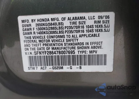 2007 Honda Pilot Ex-L from USA, damaged, VIN 5FNYF28647B007695